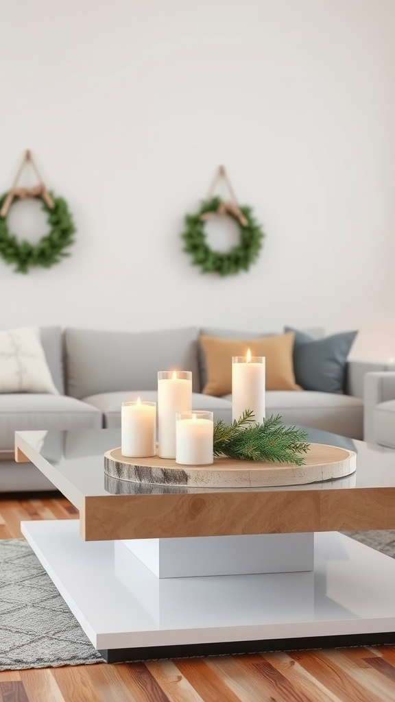 Minimalist Scandinavian living room with a coffee table decorated for Christmas.