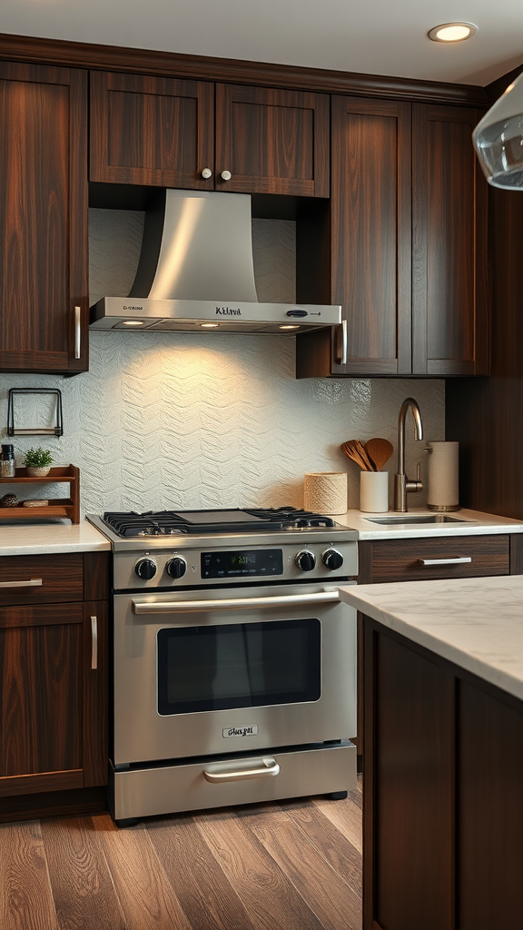 A modern kitchen featuring dark wood cabinetry and stainless steel appliances