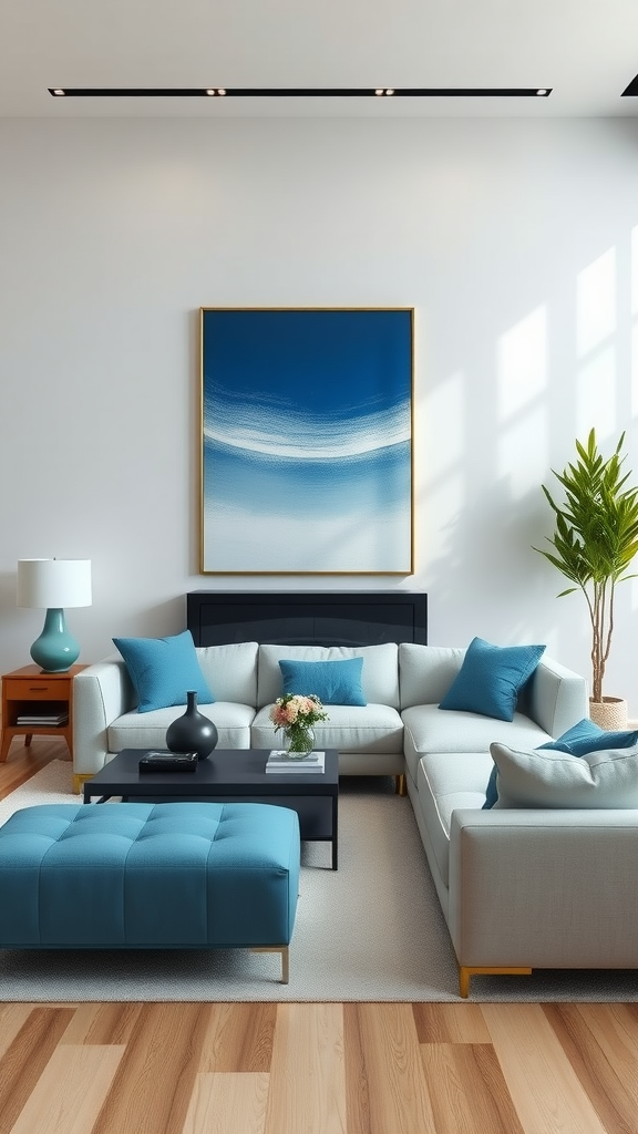 A modern minimalist living room featuring blue accents