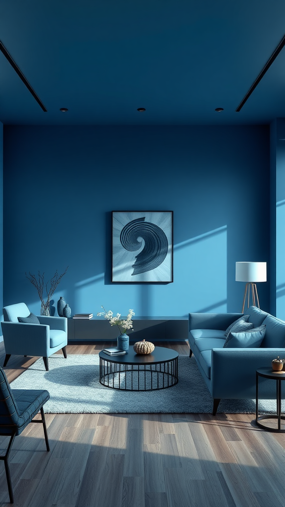 A stylish blue living room with modern furniture and decor.