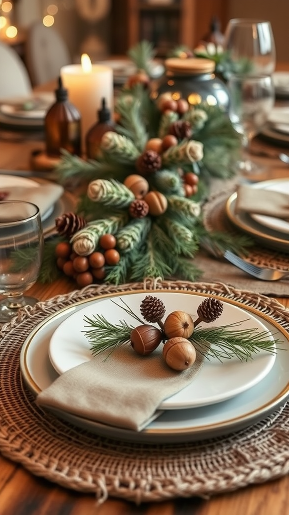 A beautifully set dining table with natural elements like pine, acorns, and pinecones, perfect for Christmas.