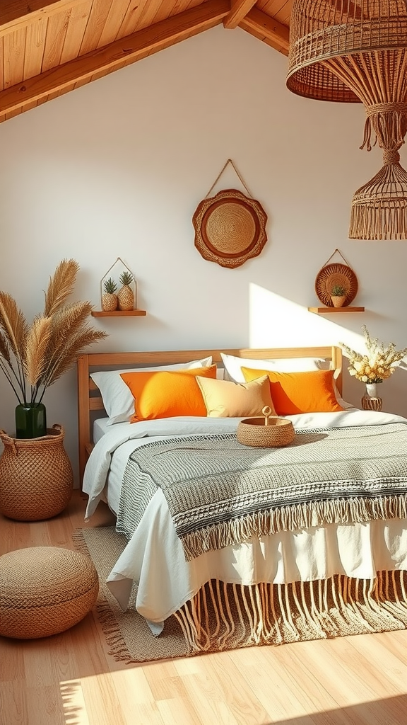 A boho bedroom featuring orange accents, woven baskets, and natural materials.