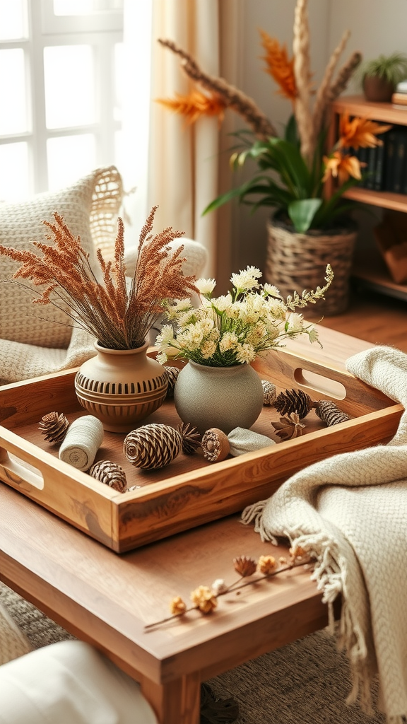 Cozy coffee table with a wooden tray featuring dried flowers, decorative items, and pinecones