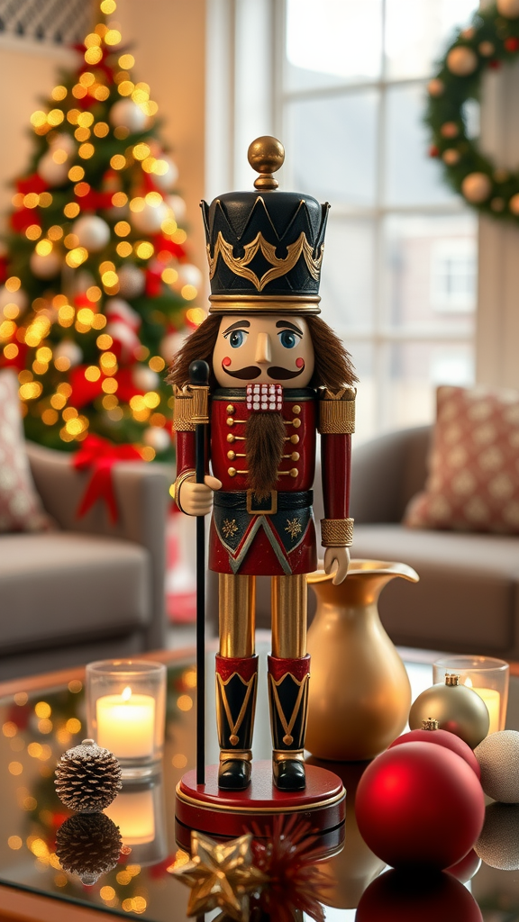 A nutcracker figurine on a coffee table, surrounded by holiday decor, including candles and ornaments.