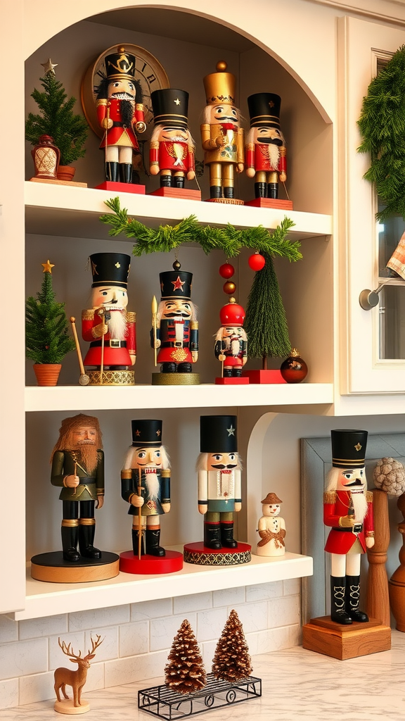 Display of colorful nutcracker figurines on shelves with Christmas decorations