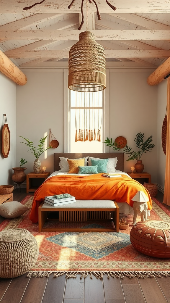 A boho bedroom with earthy decorations, featuring an orange blanket and natural textures.