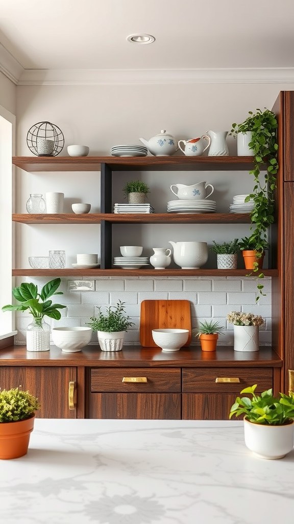 Open shelving with dark wood finishes displaying white dishes and plants.
