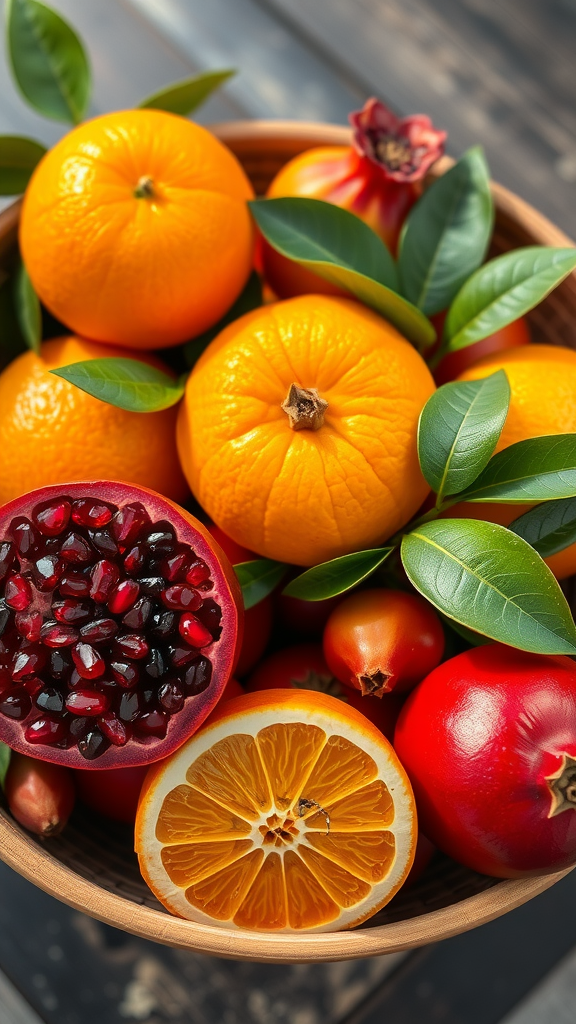 A bowl filled with vibrant fruits including oranges, sliced pomegranates, and green leaves.