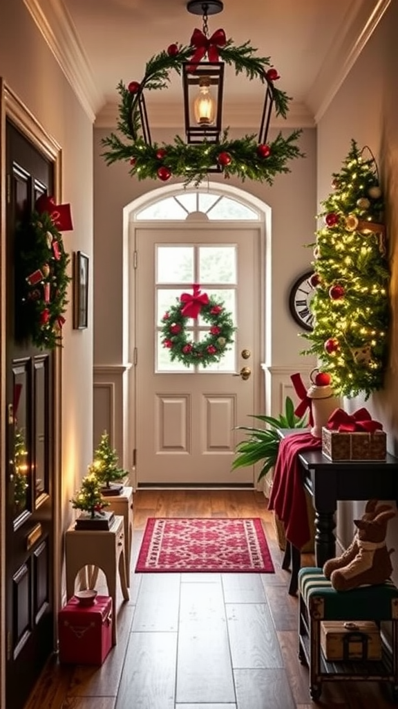 Cozy, decorated hallway for Christmas with wreaths, a tree, and festive lights
