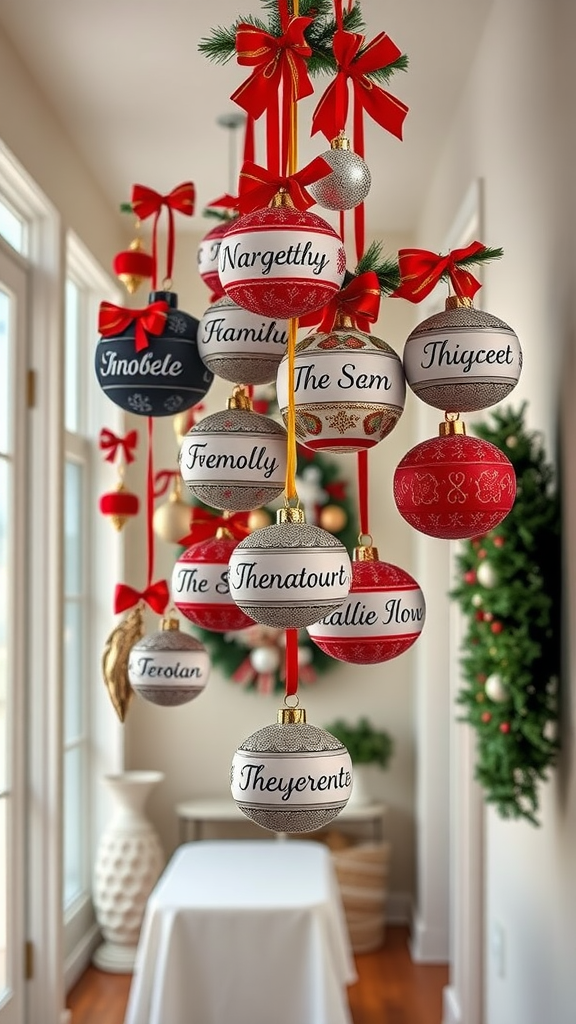A collection of personalized Christmas ornaments hanging in a hallway, decorated in red and silver, with family names displayed on each ornament.