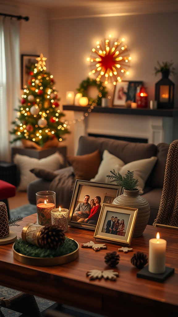 A cozy living room decorated for Christmas with a tree, candles, and family photos on a coffee table.