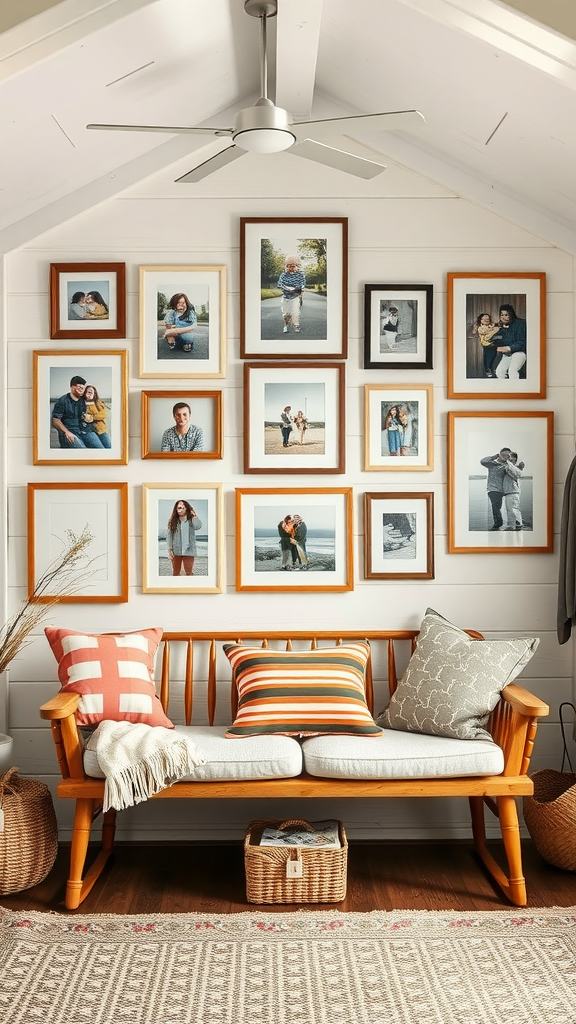 A cozy seating area with a gallery wall of family photos, featuring a wooden bench and colorful cushions.