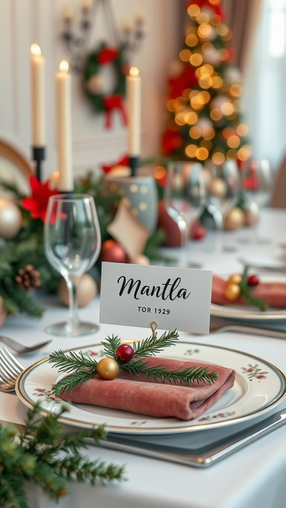 Beautifully set festive dining table with personalized name tags and Christmas decorations