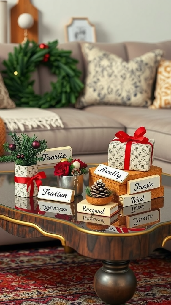A stylish Christmas coffee table with gifts labeled with name tags and decorative accents.
