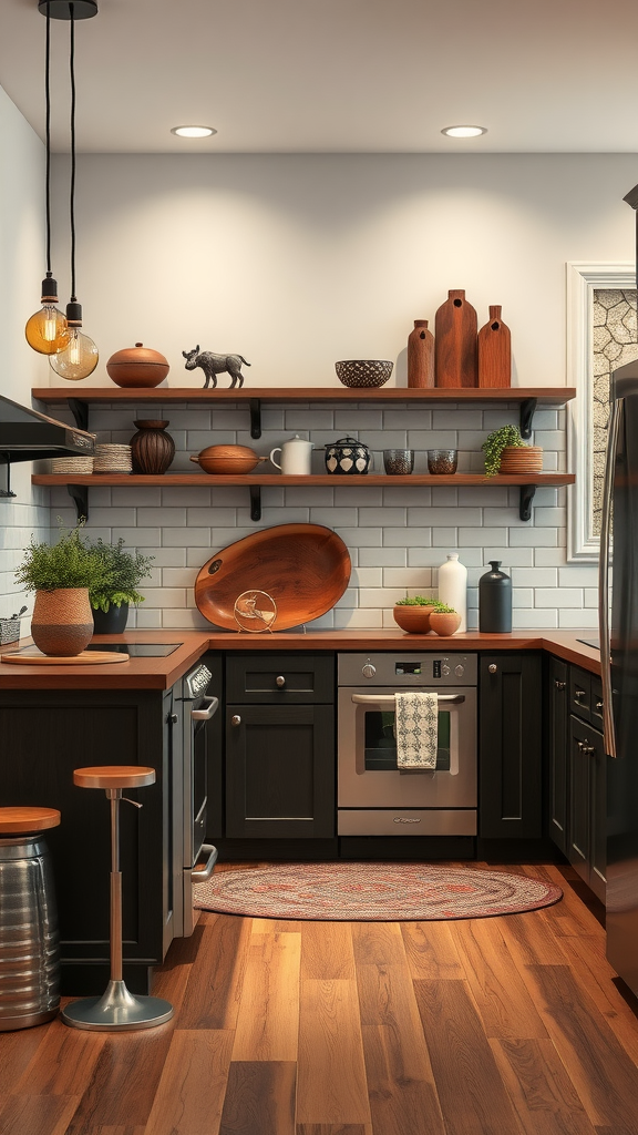 A stylish dark wood kitchen with modern decor and warm lighting.