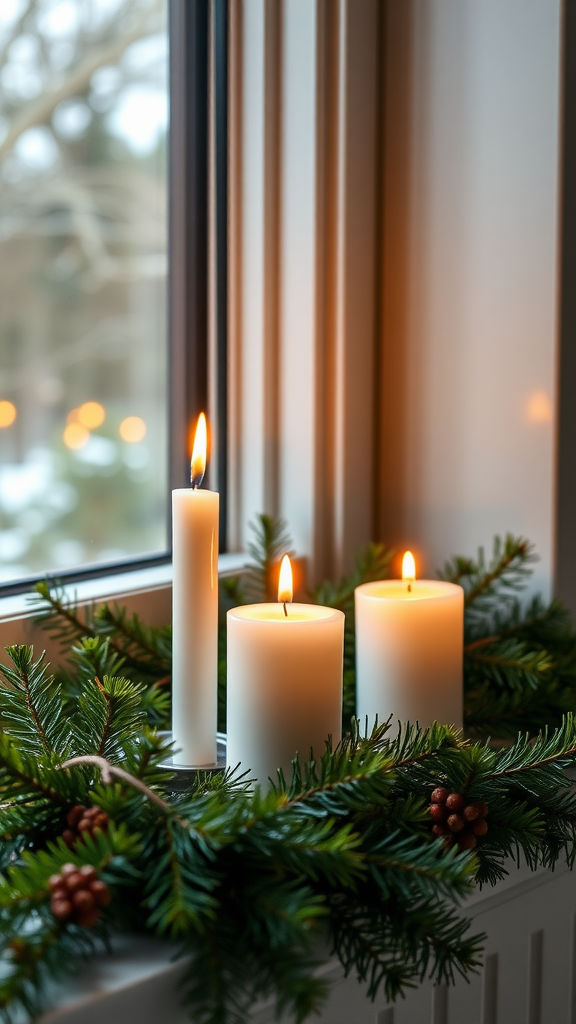 Three pine-scented candles surrounded by greenery, placed on a window sill.
