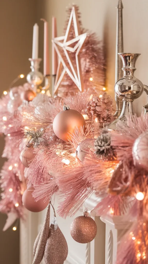 pink christmas decorations mantle