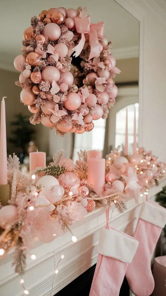 pink christmas decorations mantle