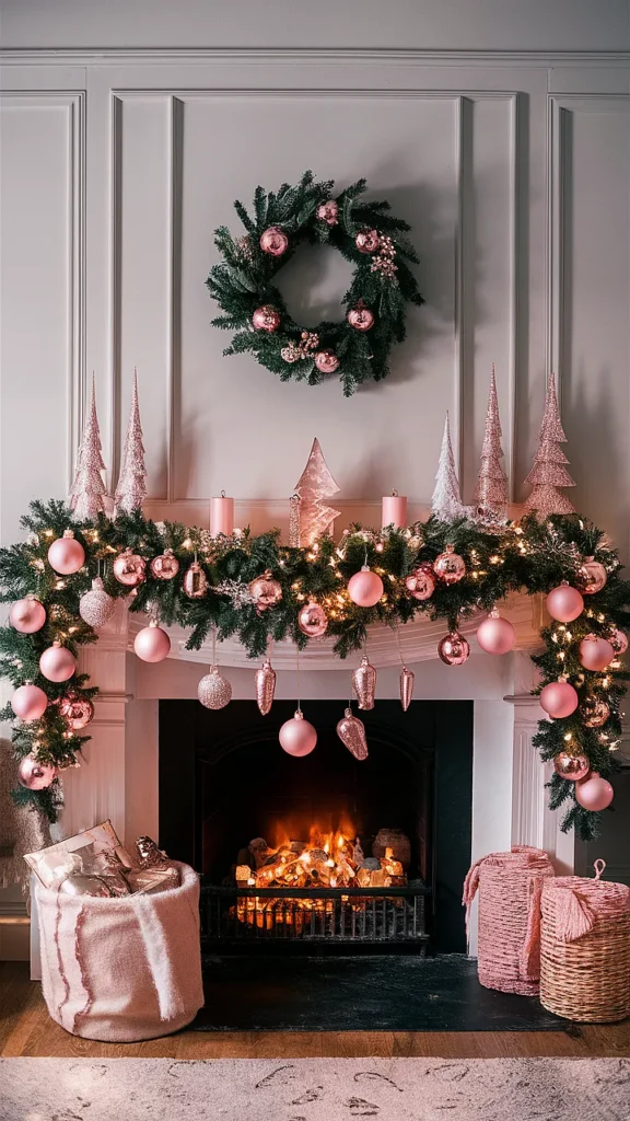 pink christmas decorations mantle