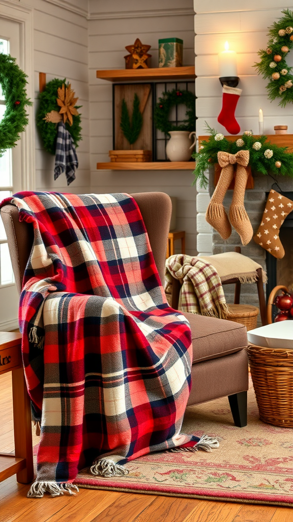 A plaid throw blanket draped over a chair in a cozy, decorated living room for Christmas.