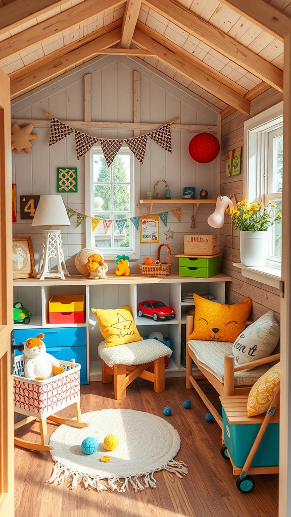 A cozy children's corner decorated with colorful items, plush toys, and cheerful decor.