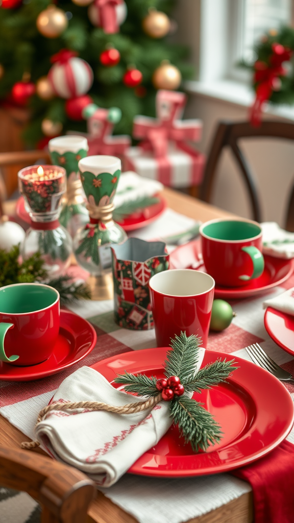 Festive red and green table setting with plates, cups, and holiday decorations