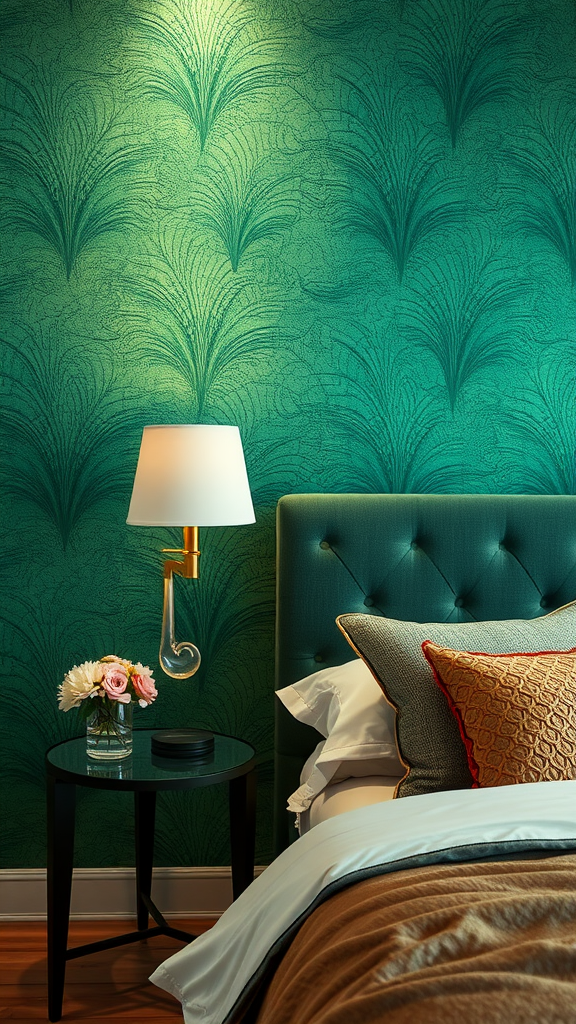 Emerald art deco bedroom with rich textured wallpaper, stylish lamp, and floral decoration