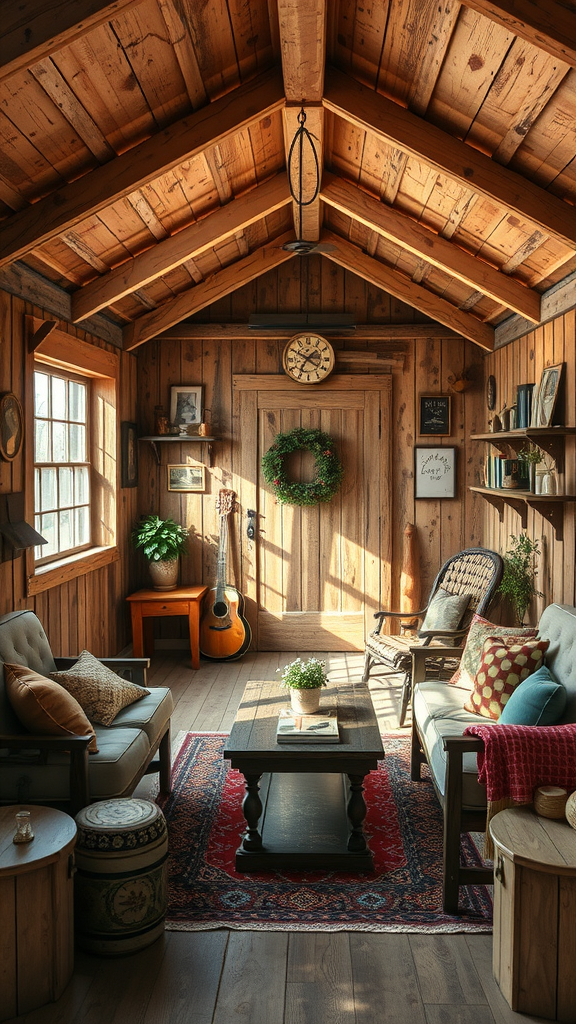 A cozy rustic interior with reclaimed wood walls, a comfortable seating area, and warm decorative accents.