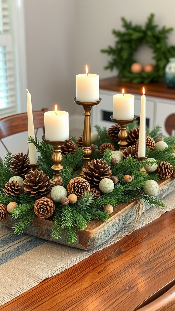 A rustic wood centerpiece with candles, pinecones, and greenery on a dining table.