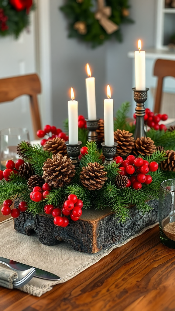 Rustic wooden centerpiece with candles, pinecones, and red berries for Christmas decor