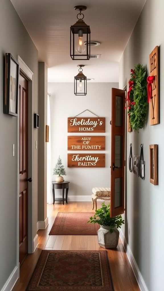 A cozy hallway decorated with rustic wooden signs and holiday decorations.  Christmas Hallway decoration ideas.