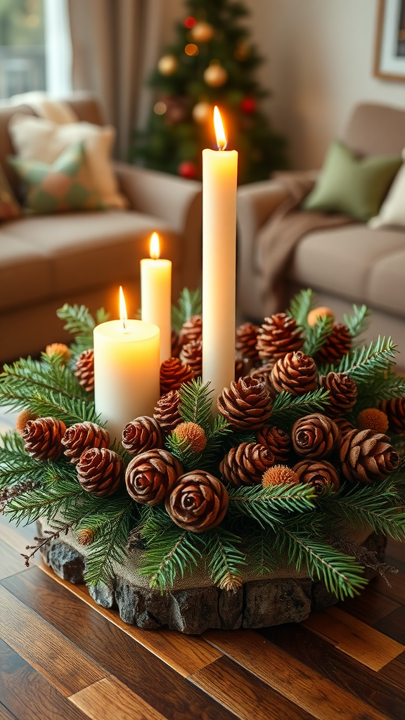 Rustic woodland centerpiece featuring candles, pine cones, and greenery