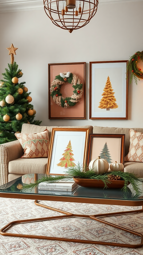 A cozy living room decorated for Christmas, featuring a tree, wreath, and seasonal artwork.