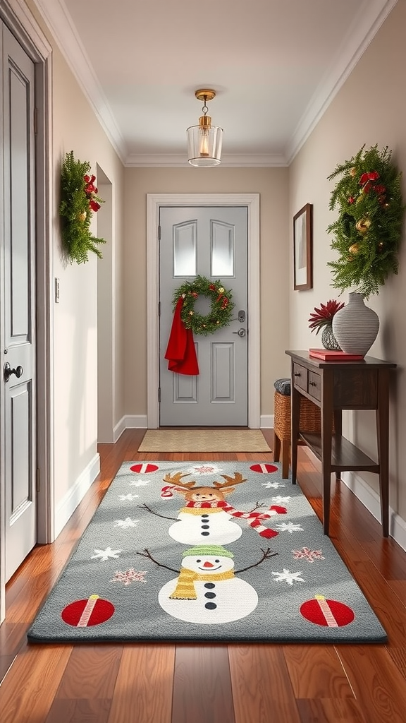 A festive hallway with a snowman-themed area rug and holiday decorations