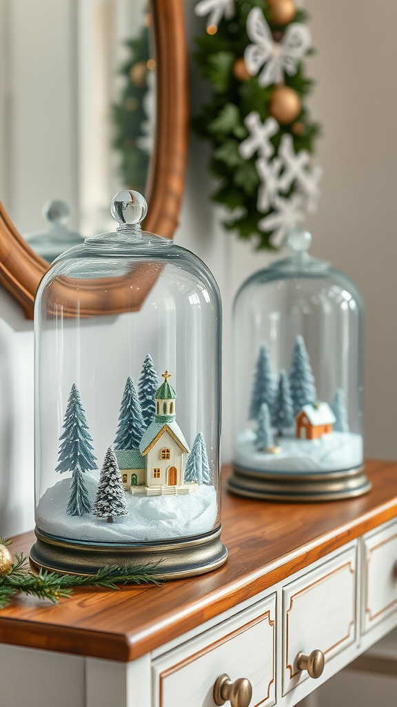 Two glass jar snow globes featuring snowy trees and a church on a wooden table with a mirror and wreath in the background.