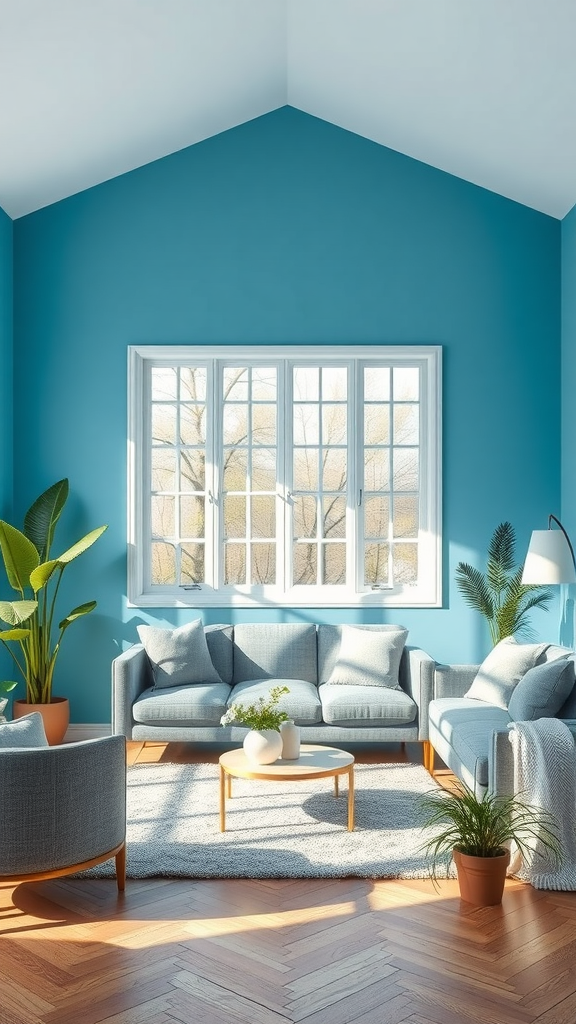 A bright sky blue living room with gray furniture and large windows letting in natural light.