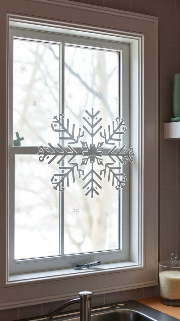 A large snowflake window cling displayed on a kitchen window with smaller snowflakes around it.