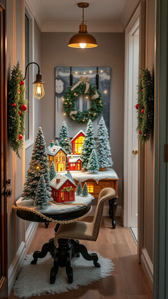Decorative snowy village scene in a hallway with miniature houses and Christmas decorations