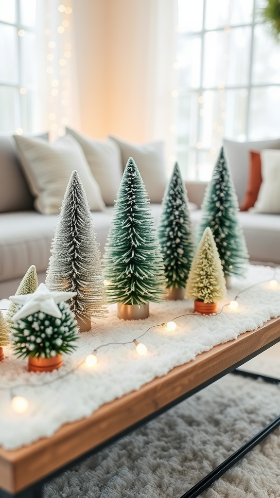 A cozy coffee table decorated with miniature Christmas trees and soft lights