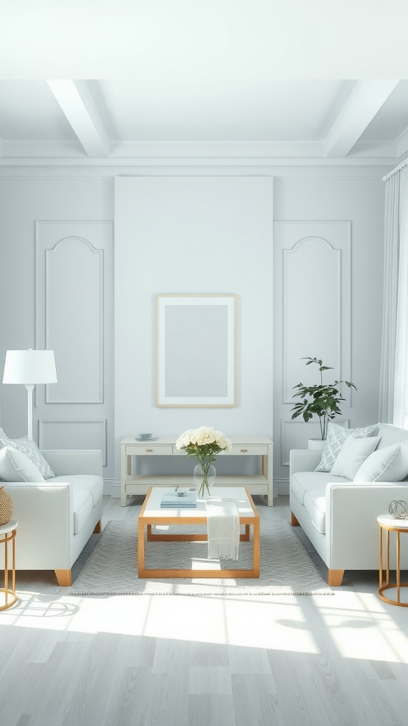 A bright and calming living room decorated with soft blue pastels and natural elements