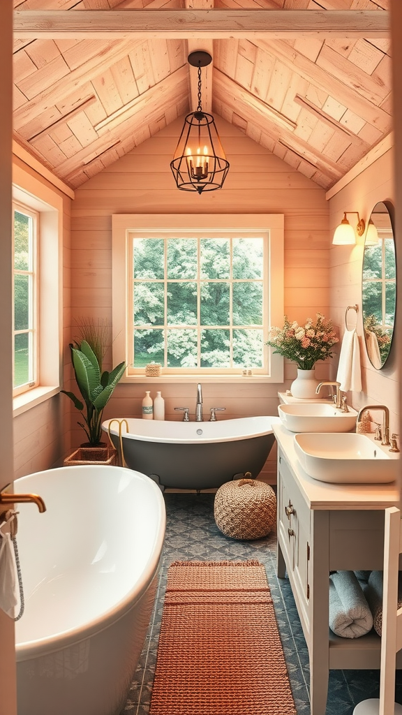 Cozy spa-like bathroom with freestanding bathtub, double sink vanity, and natural light.