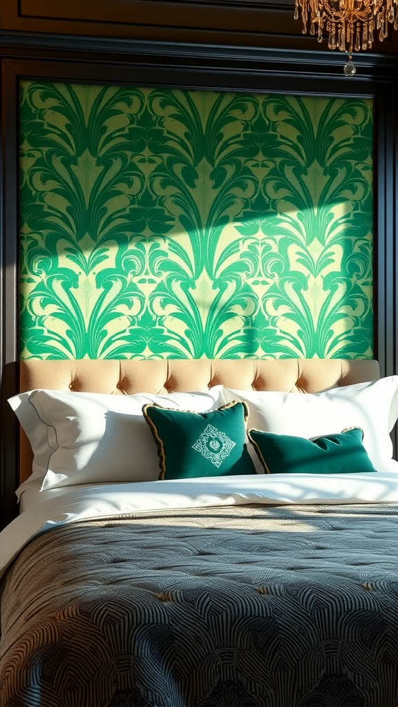 Art Deco headboard with emerald and gold pattern in a cozy bedroom setting