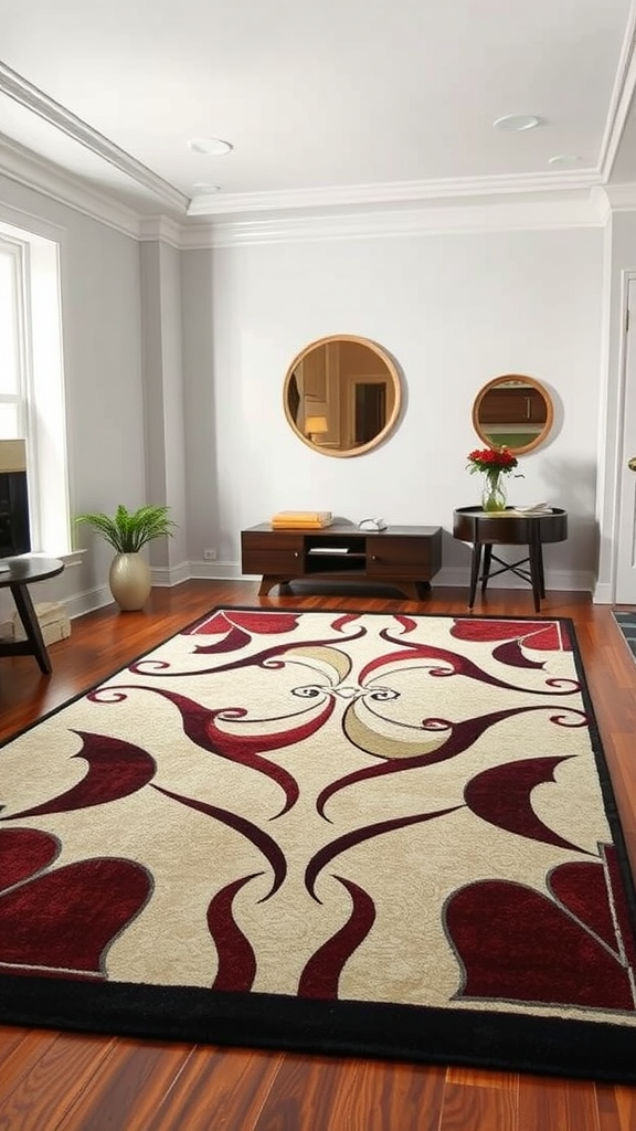 A bold, patterned rug in a stylish room with modern decor