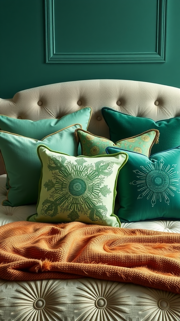 A collection of stylish emerald decorative pillows arranged on a bed, featuring various textures and patterns, accompanied by an orange throw blanket.