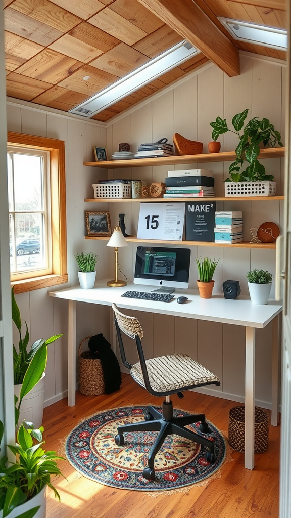 A stylish home office with a white desk, computer, plants, and wooden ceiling.