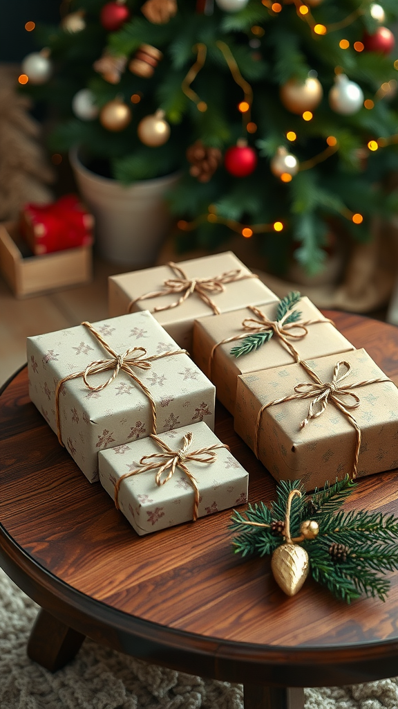 A cozy coffee table with beautifully wrapped gifts, decorated for Christmas