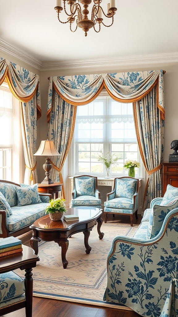 A cozy blue living room featuring floral upholstery and elegant decor.