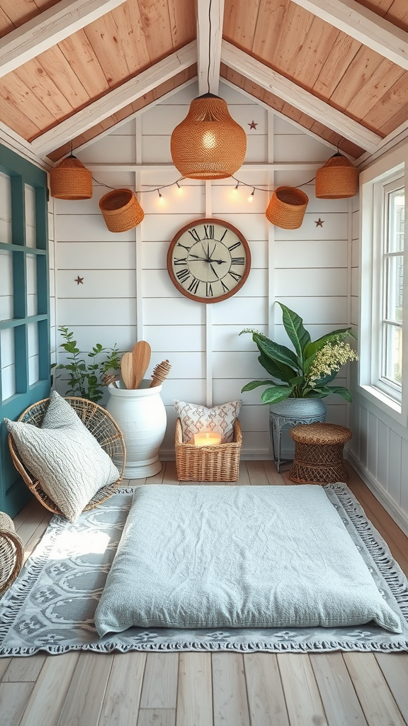 A tranquil meditation zone featuring soft textiles, a cushion, and plants.