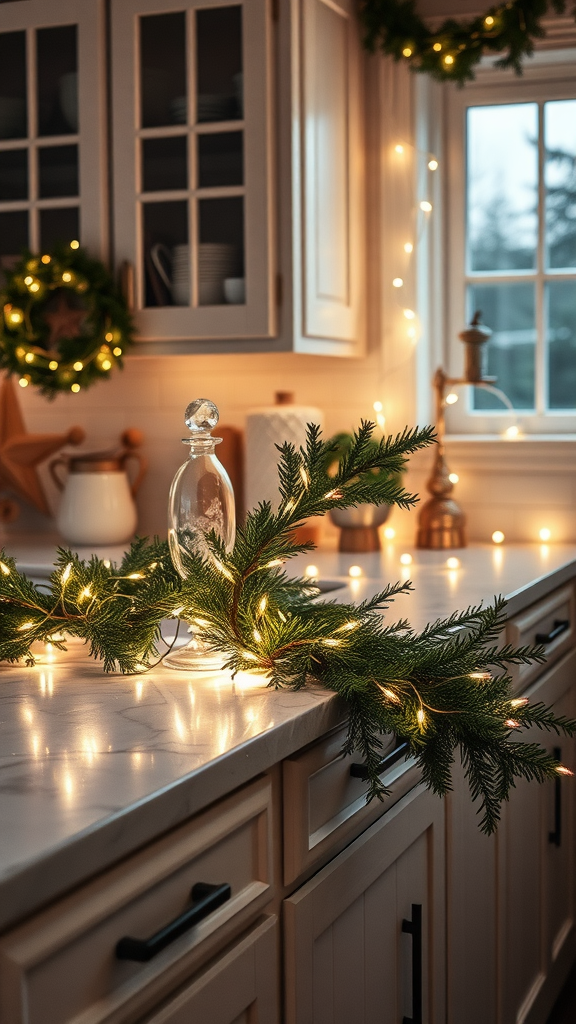 A cozy kitchen decorated with twinkling fairy lights and greenery for Christmas.