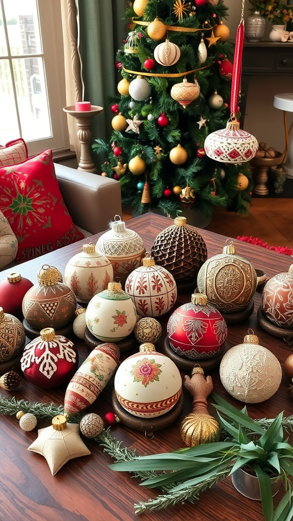 A beautifully arranged display of unique Christmas ornaments on a coffee table, surrounded by a decorated Christmas tree.